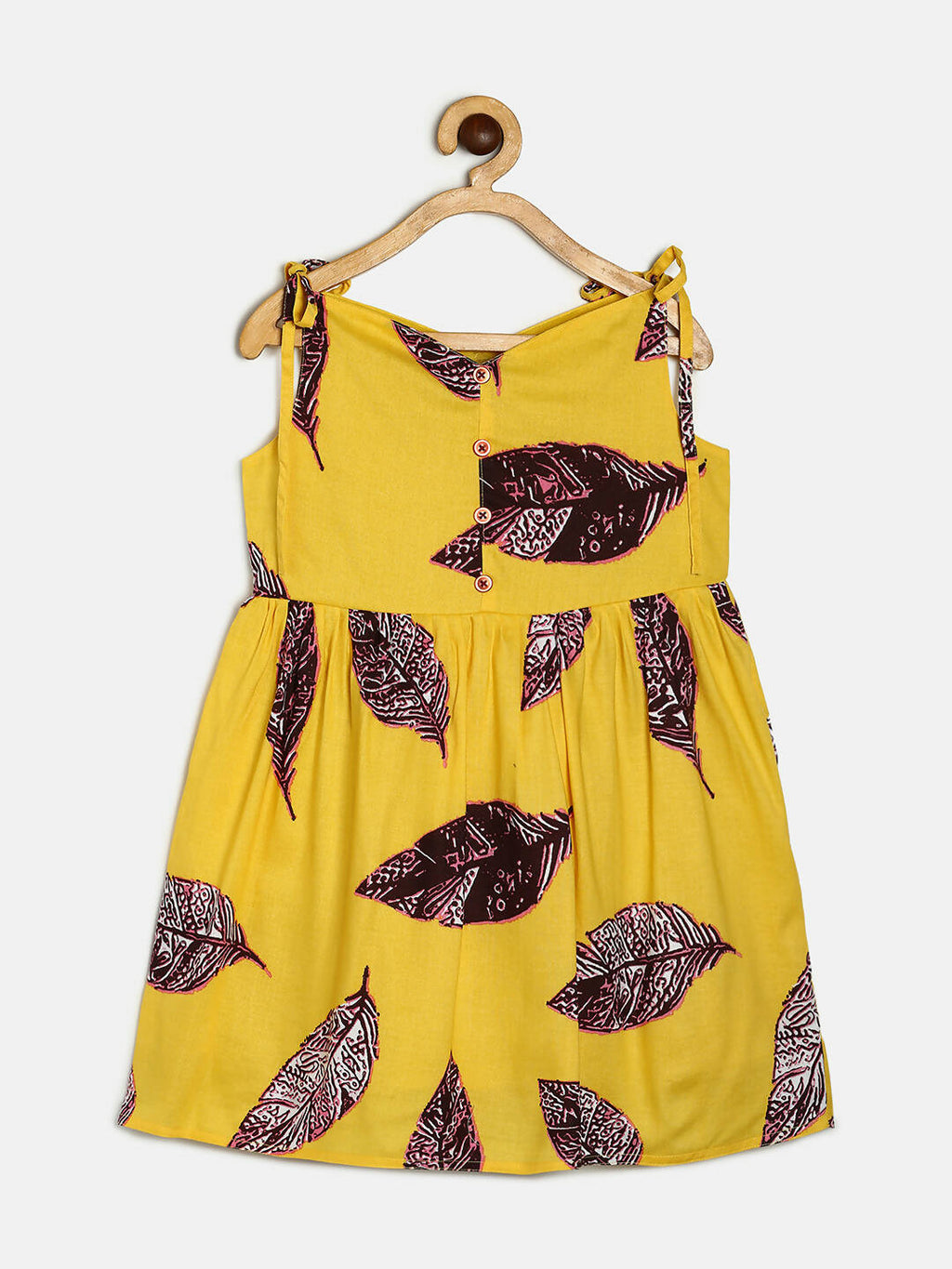 Manet Girls Cotton String Tie Frock Brown Leaf Printed - Yellow