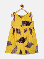 Manet Girls Cotton String Tie Frock Brown Leaf Printed - Yellow