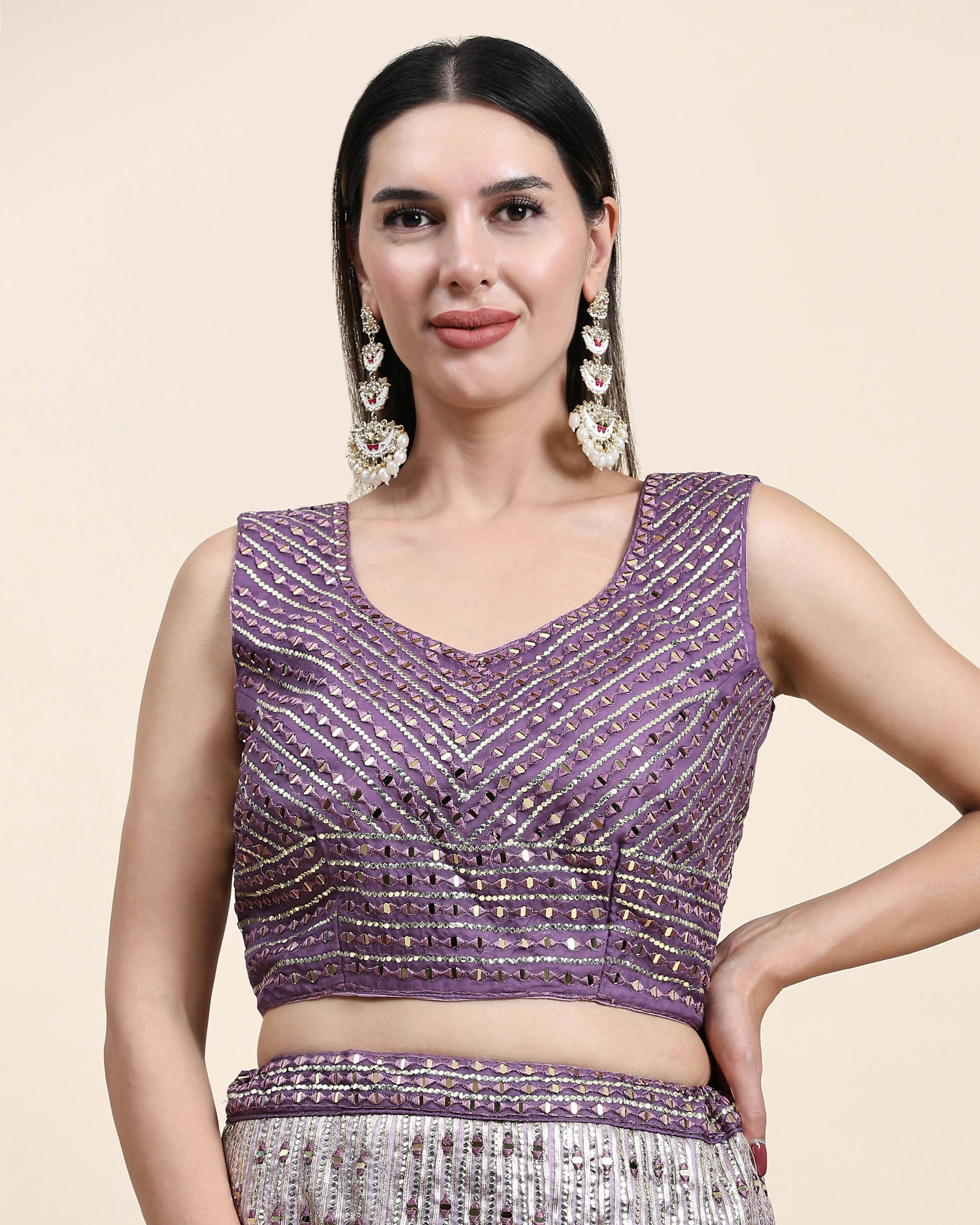 Lavender Organza Mirror With Coding Work Lehenga Choli with Dupatta - Tanya