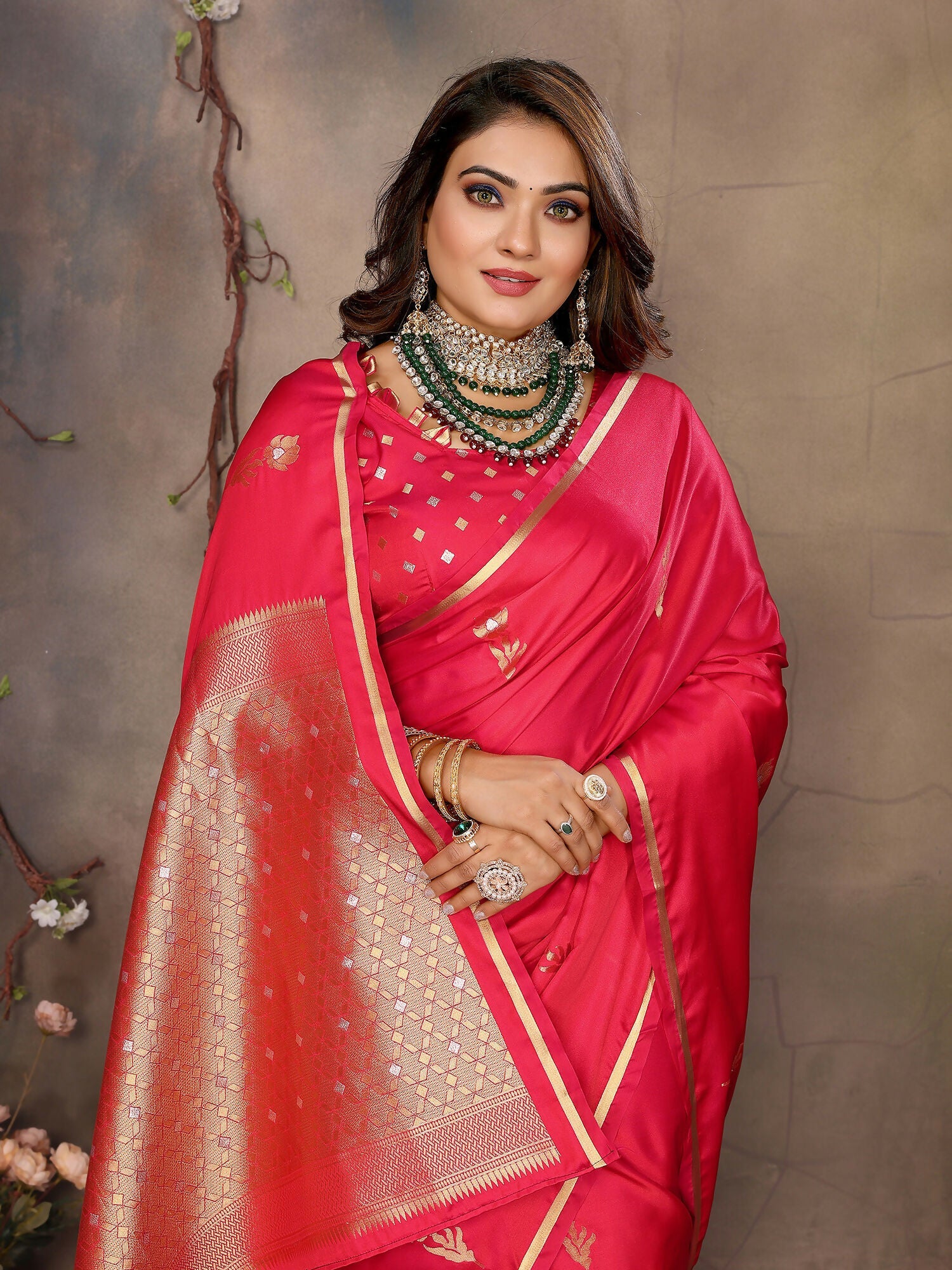 Joban Fashion  Brick Red Floral & Botanical Motifs Satin Silk Banarasi Silk Saree - Distacart