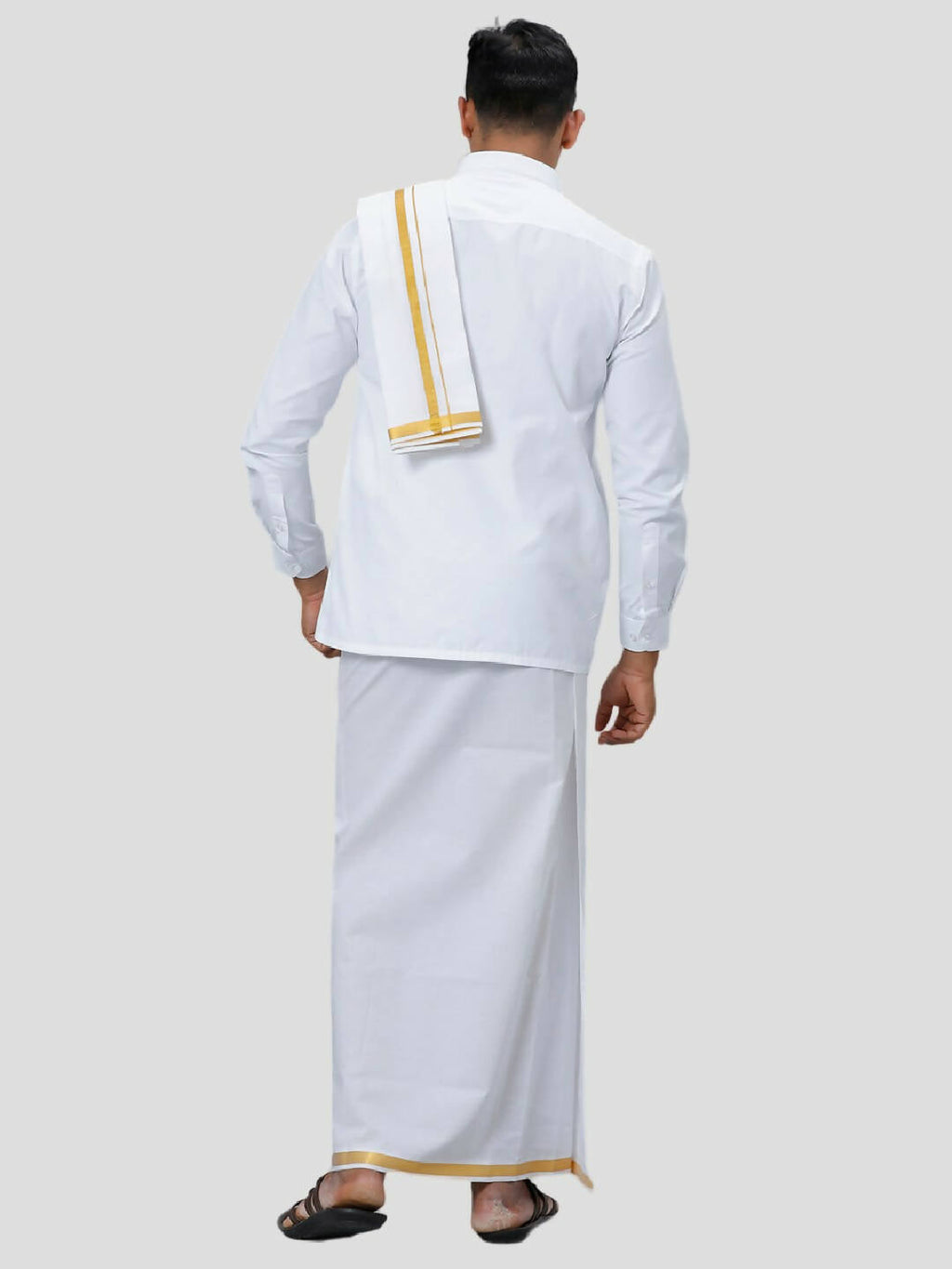 Ramraj Cotton Mens Poly Cotton 1" Gold Jari Dhoti With Towel Set - White