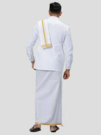 Ramraj Cotton Mens Poly Cotton 1" Gold Jari Dhoti With Towel Set - White