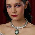 Gold and Silver Tone Neckpiece with Green Center Piece (Silver) - Ruby Raang