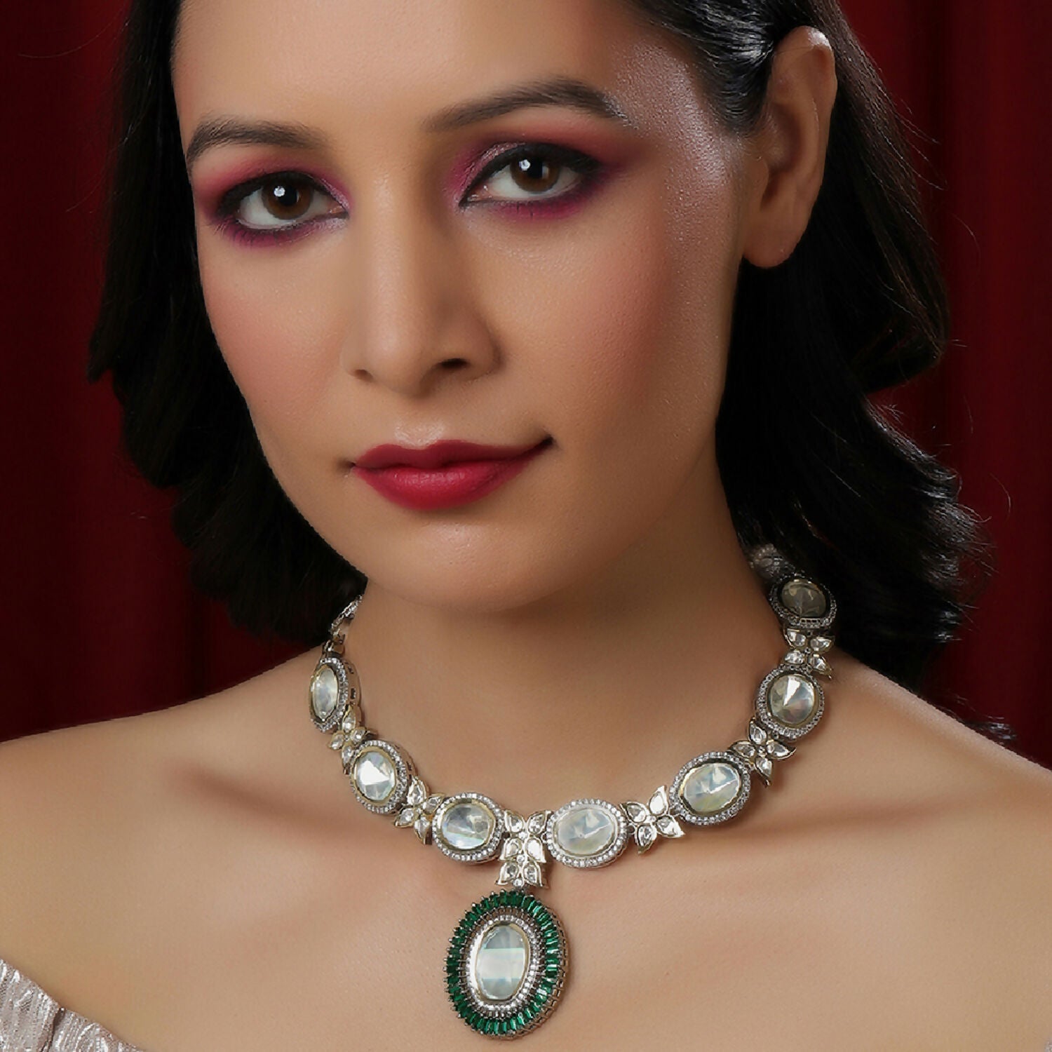 Gold and Silver Tone Neckpiece with Green Center Piece (Silver) - Ruby Raang