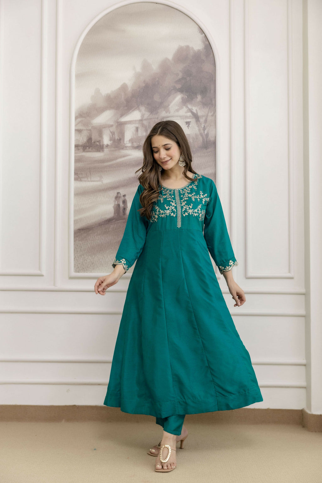 The52 Rama Women's Beautiful Vichitra Silk Fabric Embroidered Work Flared Anarkali Pant and Dupatta Set - Distacart
