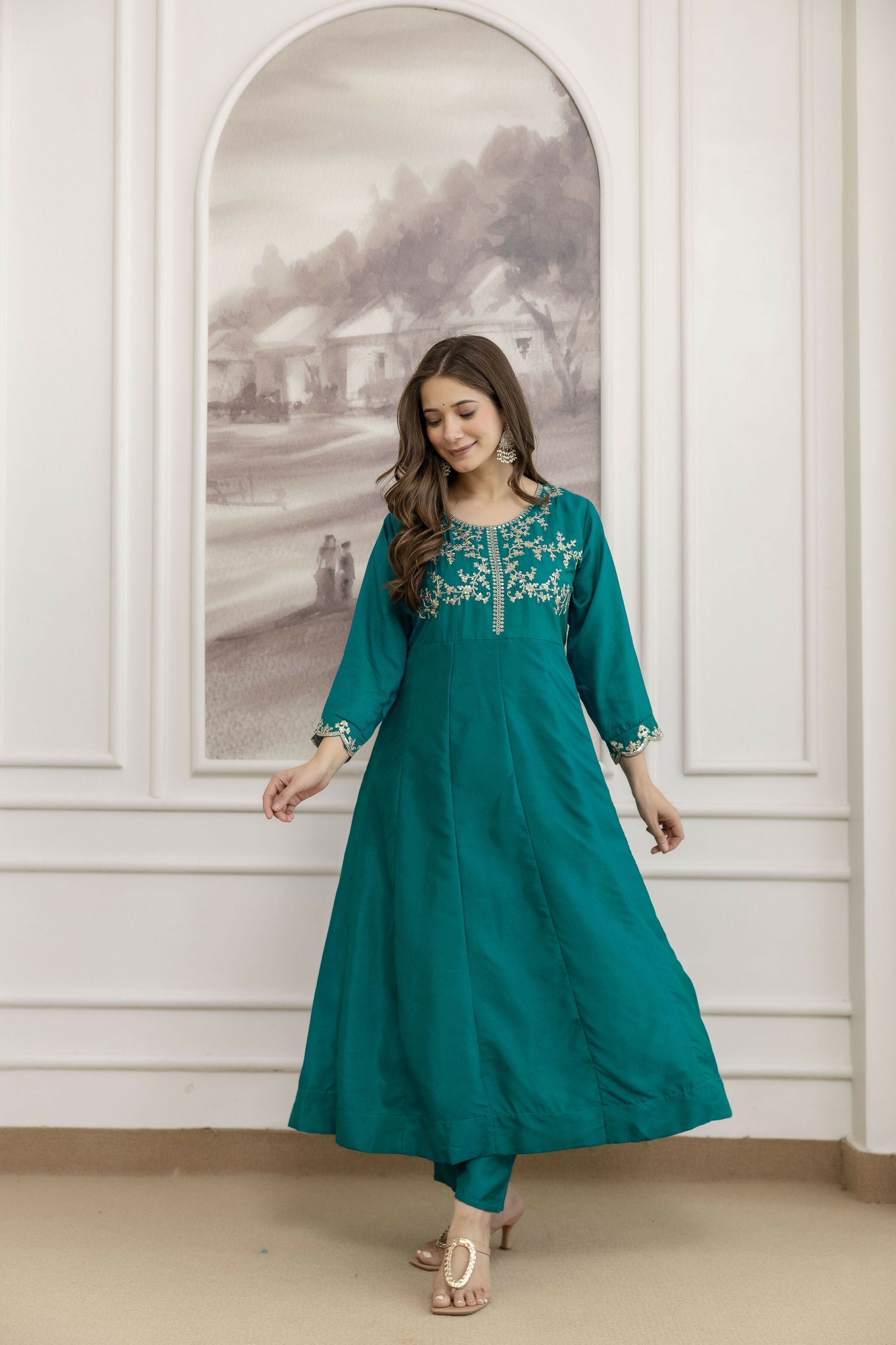 The52 Rama Women's Beautiful Vichitra Silk Fabric Embroidered Work Flared Anarkali Pant and Dupatta Set - Distacart