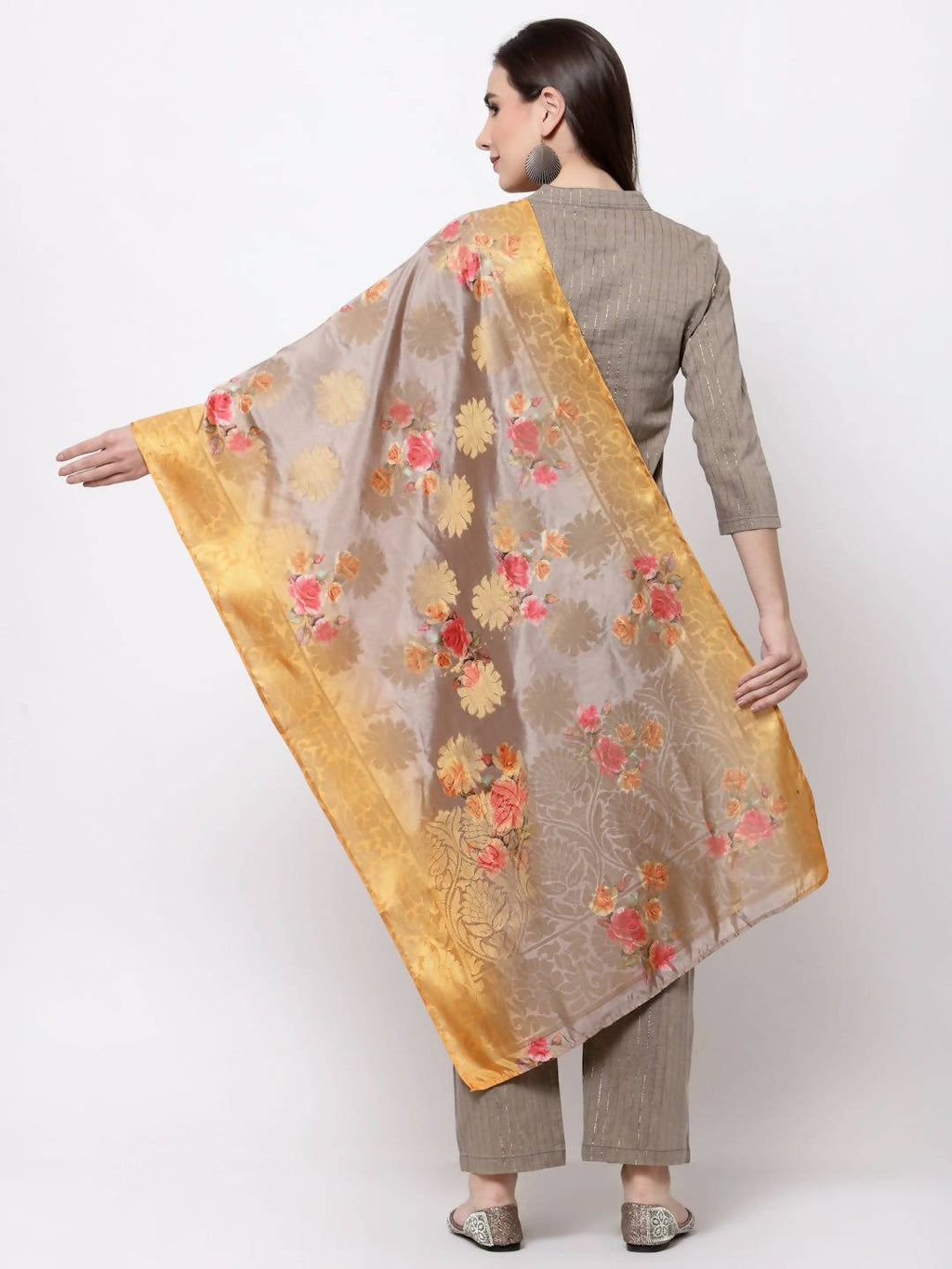 Myshka Women's Khaki Cotton Solid 3/4 Sleeve Mandarin Neck Casual Kurta Pant Dupatta Set