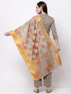 Myshka Women's Khaki Cotton Solid 3/4 Sleeve Mandarin Neck Casual Kurta Pant Dupatta Set