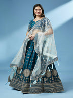 House of Panchhi Teal - Pure Georgette Embroidered Lehenga