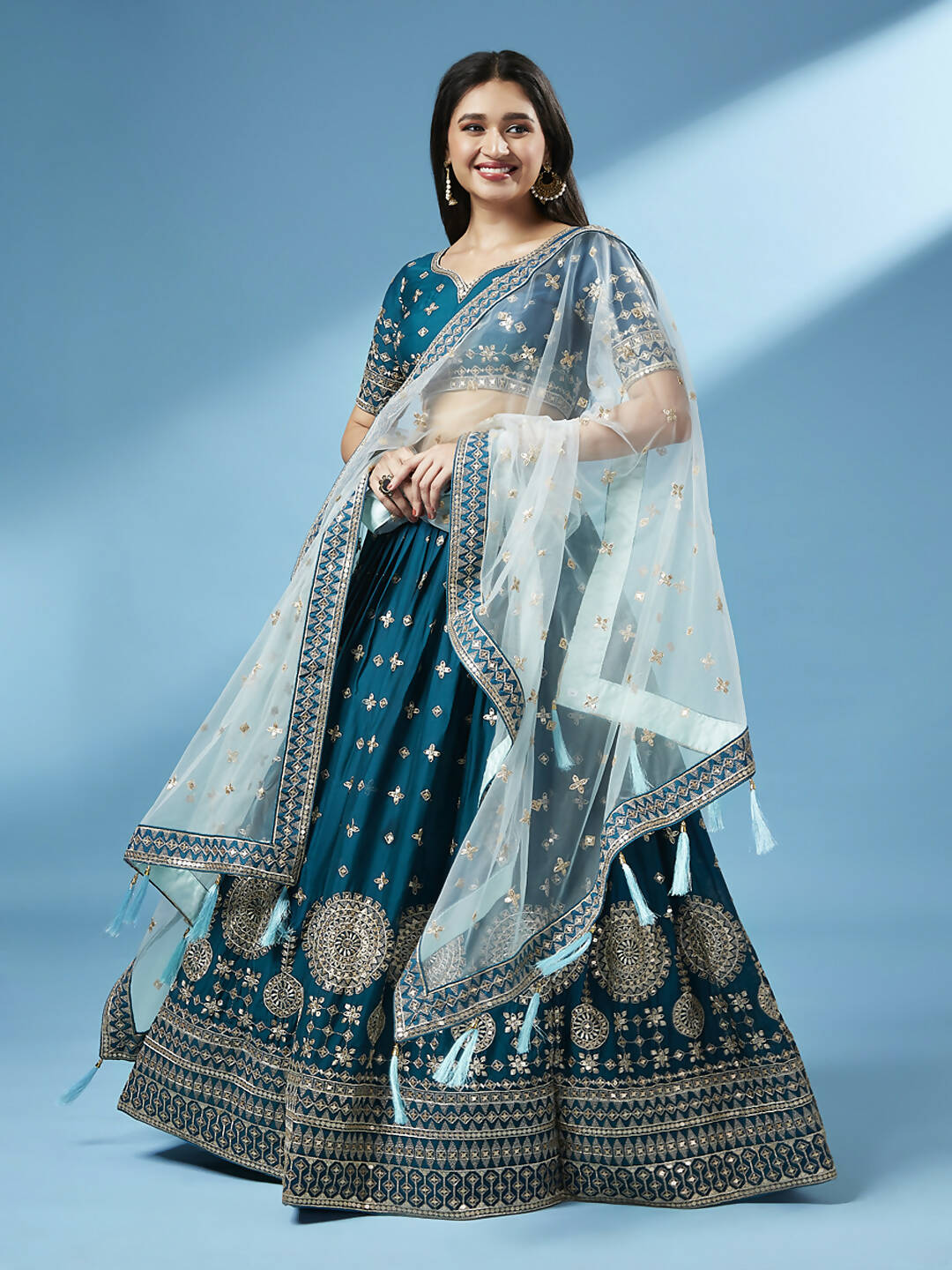 House of Panchhi Teal - Pure Georgette Embroidered Lehenga