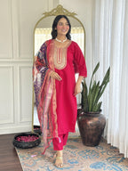 The52 Rani Gorgeous Embroidered Chanderi Silk Fabric Straight Kurta Pant with Dupatta Set - Distacart