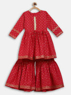 Ahalyaa Red Crepe Gold Printed Kids Kurta Sharara Set For Girls