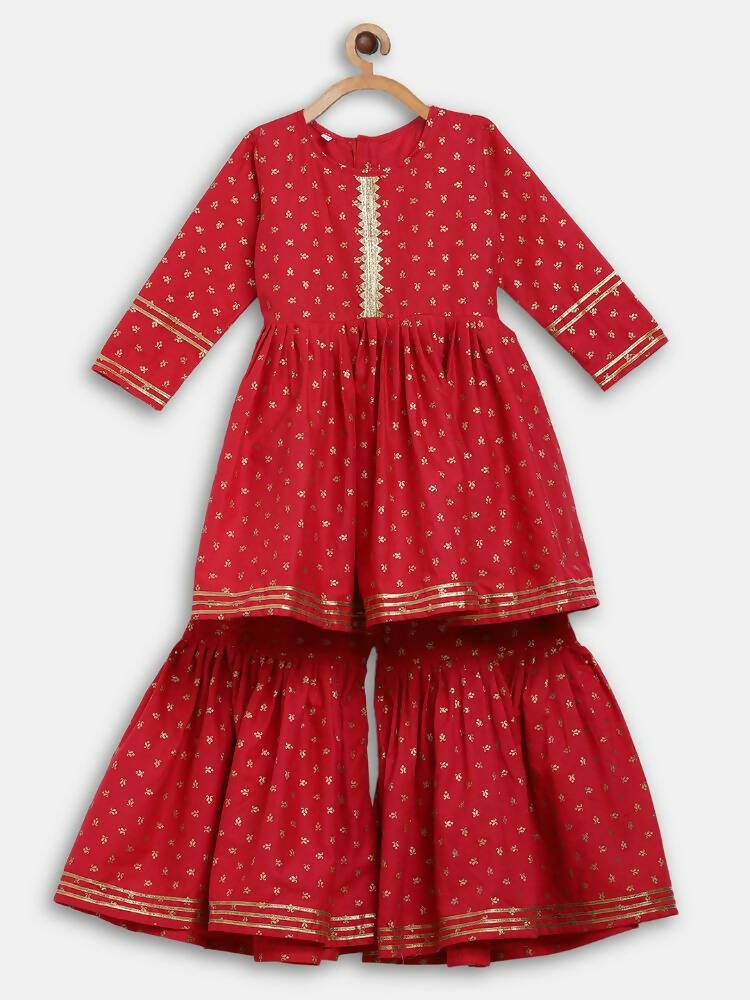 Ahalyaa Red Crepe Gold Printed Kids Kurta Sharara Set For Girls