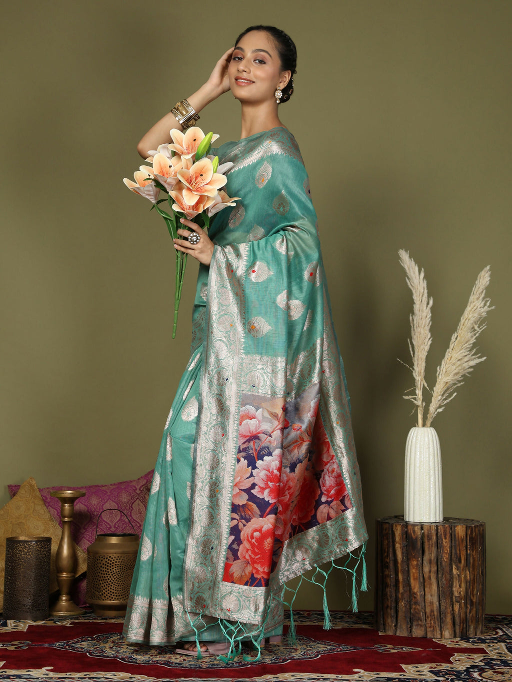 Shree Shyam Fashion Linen Cotton Rama Green Saree - Distacart