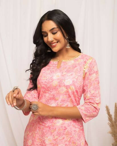 FIORRA Women's Floral Printed Peach Cotton Straight Kurta