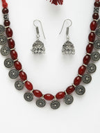 NVR Women's Red Silver-Plated Choke Oxidized Necklace with Jhumka Earrings