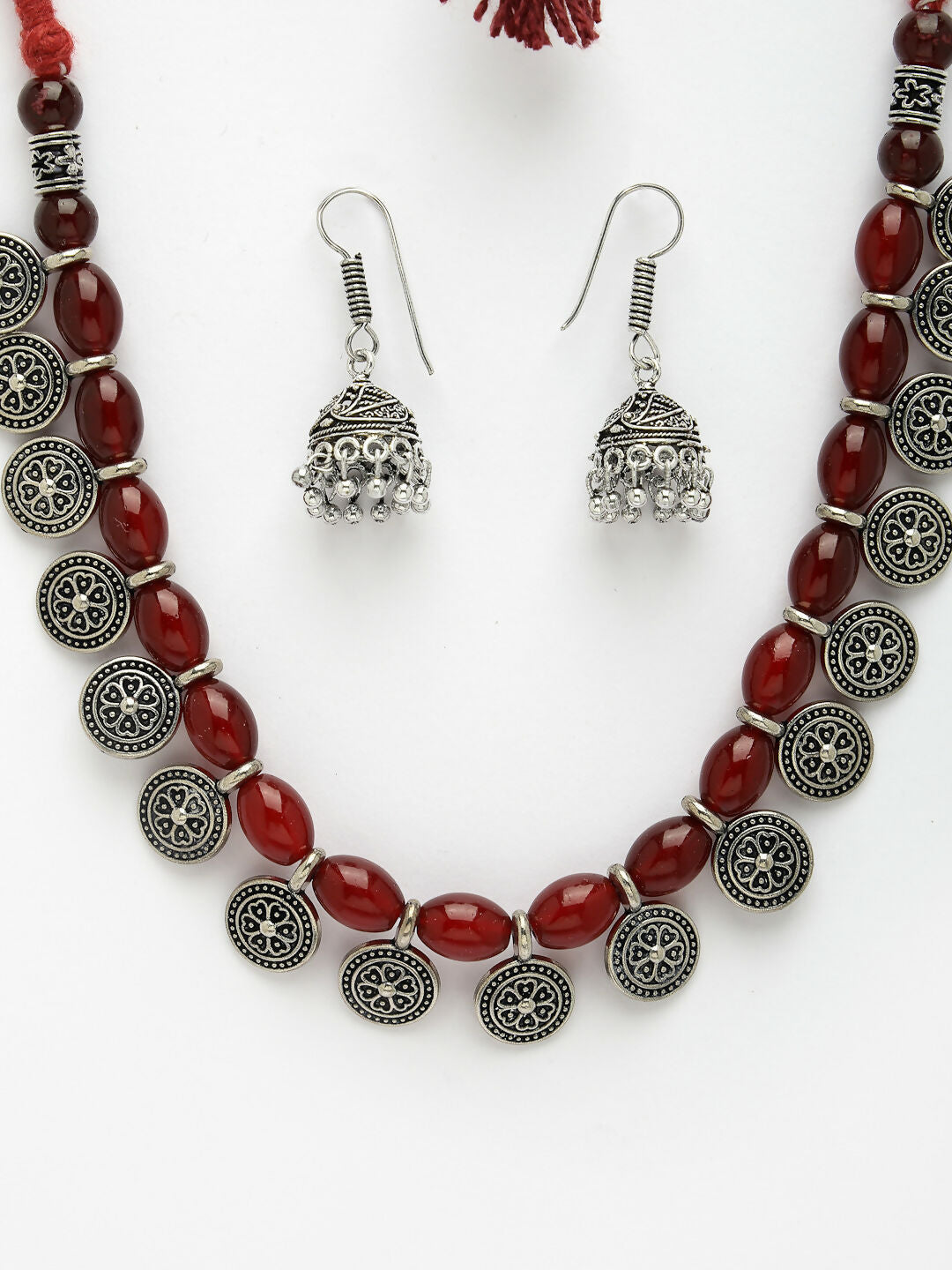 NVR Women's Red Silver-Plated Choke Oxidized Necklace with Jhumka Earrings