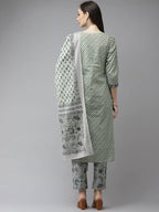 Yufta Green and off-white yoke design Kurta with Palazzo with Dupatta Set
