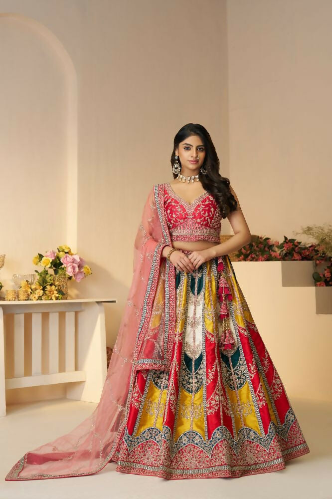 Kesar Fab Dark-Multicolor Silk Embroidered Lehenga