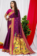 Jyoti Fashion Women's Wine Paithani Silk Zari Woven Saree with Blouse