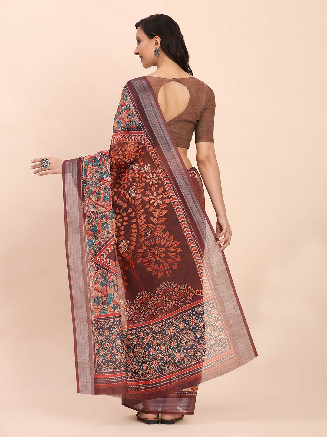 Shree Shyam Fashion Linen Cotton Brown Saree - Distacart