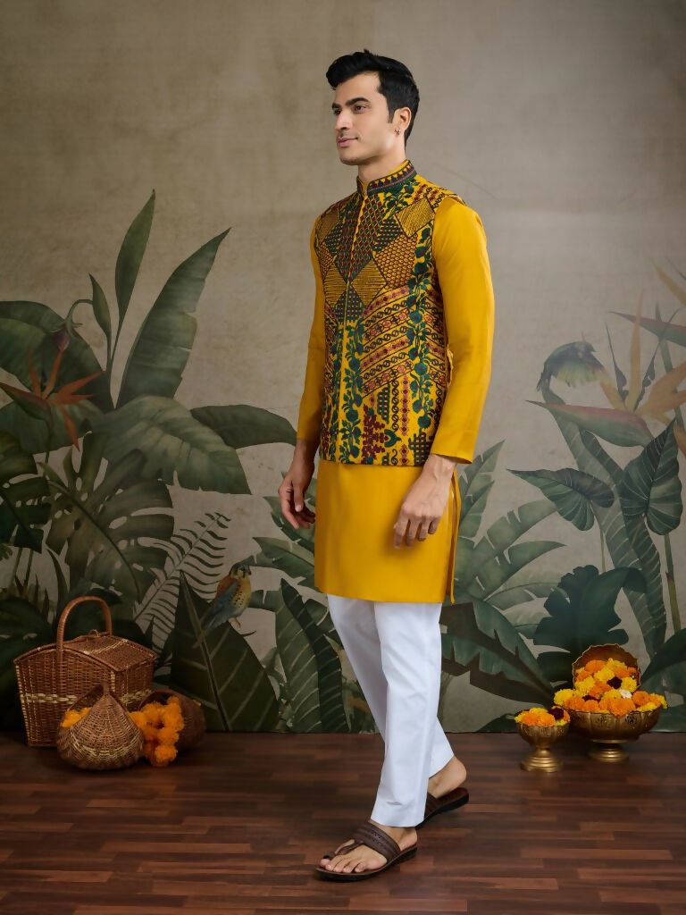 Vastranavya Yellow Exclusive Festival Viscose Silk Thread & Swarovski Embroidered Work Mens Wear Kurta & Koti