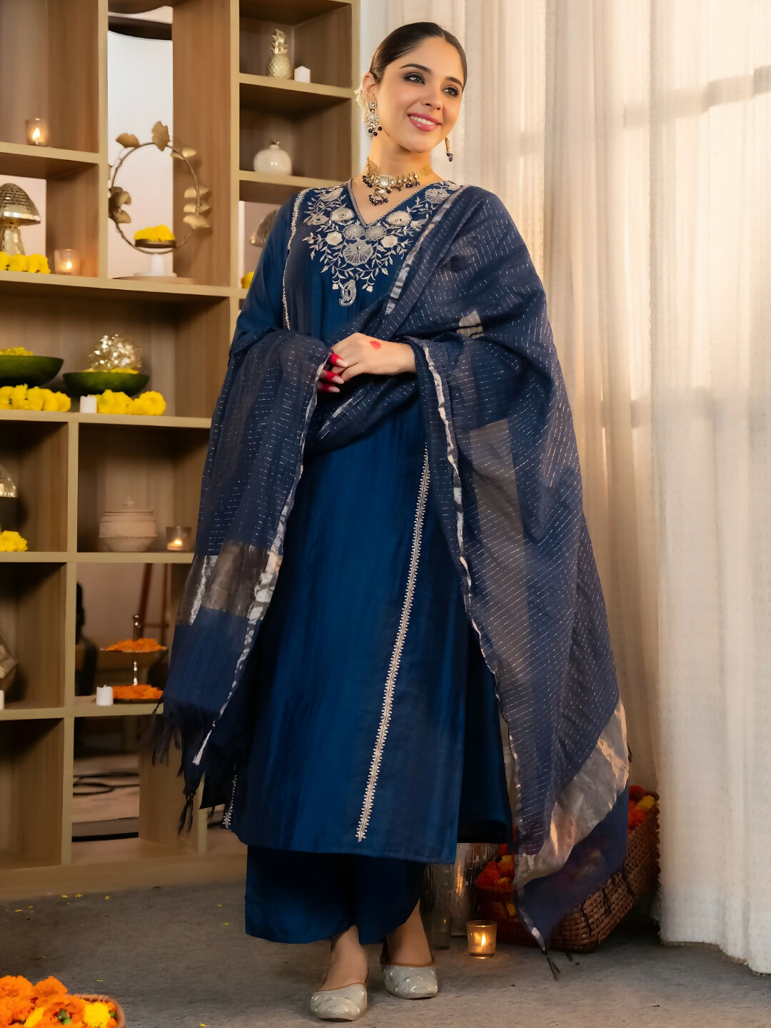 The52 Women's Beautiful Viscose Silk Fabric Embroidery Work A-Line Kurta Pant and Dupatta Set - Distacart