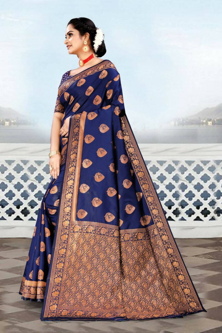 DEIANA'S Beautiful Designer Golden zari Soft Lichi Silk Saree - Blue