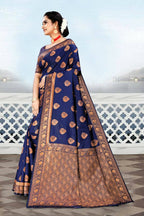 DEIANA'S Beautiful Designer Golden zari Soft Lichi Silk Saree - Blue