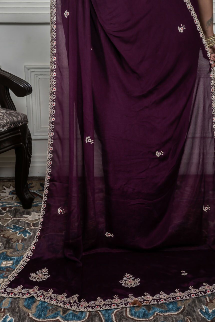 Morchari Wine Chiffon Hand Embroidery Saree And Stitched Blouse - Distacart