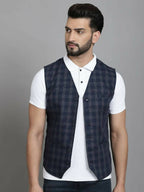 Even Apparels Checked Waistcoat With Welt Pockets - Navy Blue
