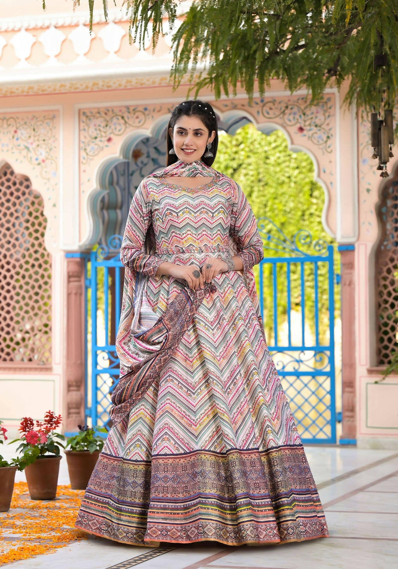 Functional Designer Off White-Muliti Dola Silk Anarkali suit with Dupatta - Ramya
