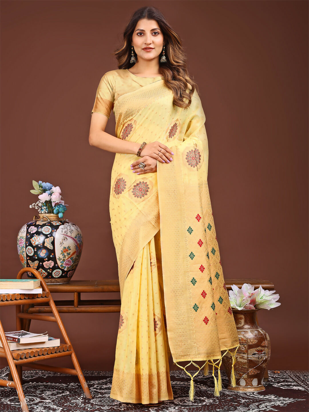 Shree Shyam Fashion Neerja Yellow Linen Cotton Saree