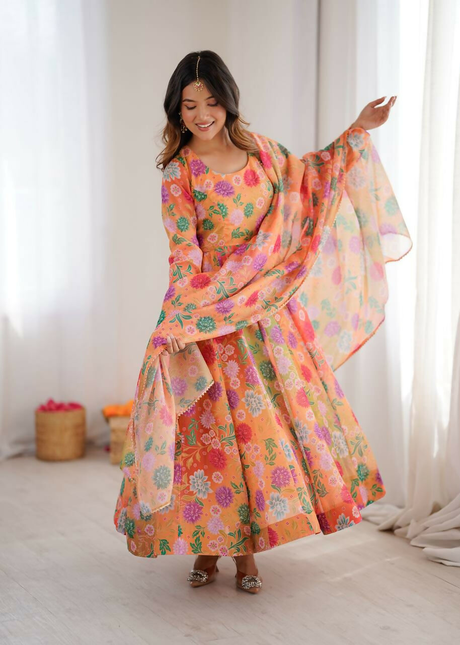 Teeya Creation Orange Soft Organza Digital Printed Party Wear Long Gown - Distacart