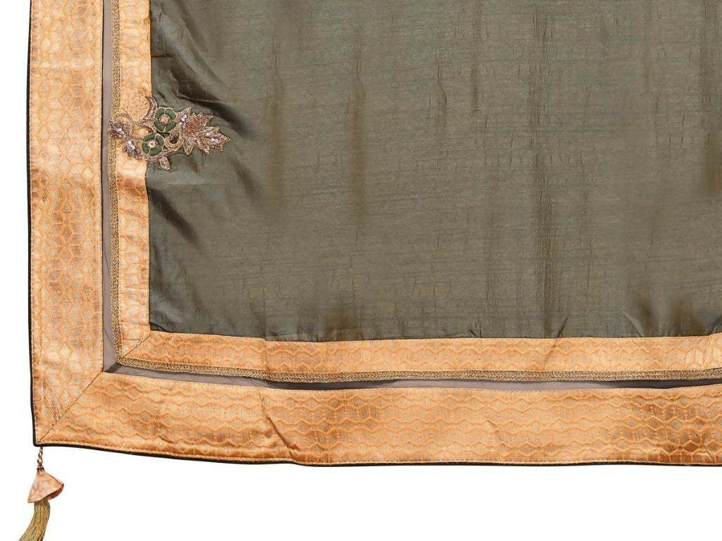 Olive Tusser Silk Resham Cord And Sequins Embroidery Handwork Butta Saree - Norita Saumya