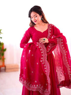Joban Fashion Red Chinnon Silk Sequence Embroidery Work Readymade Kurta Set - Distacart