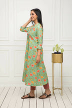 Myshka Women Green Floral Rayon A-Line Round Neck Kurtas - Distacart