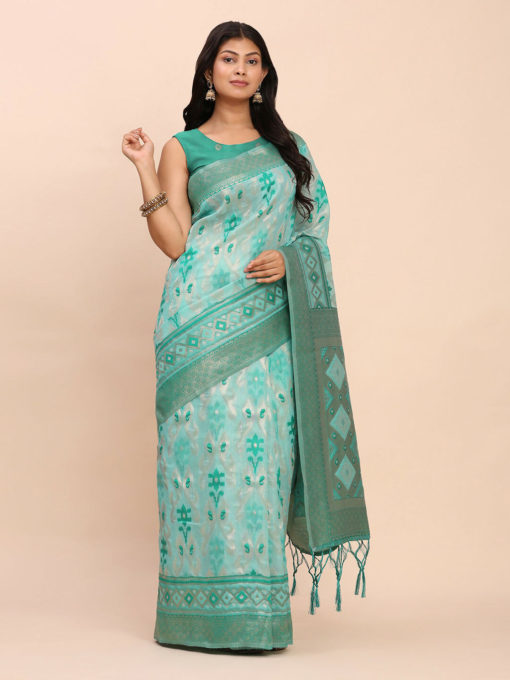 Shree Shyam Fashion Linen Cotton Sea Green Saree - Distacart