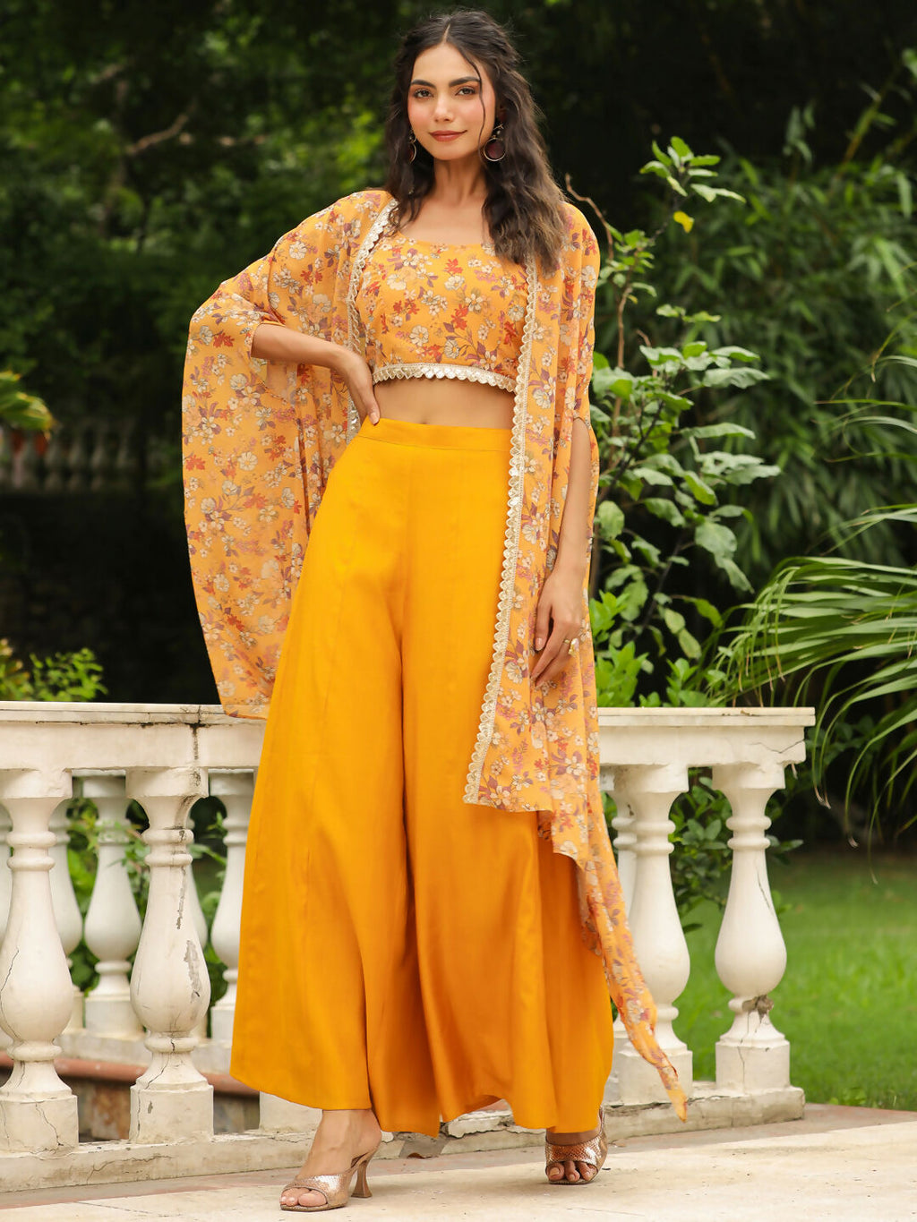 Janasya Mustard Georgette Floral Top Bottom Cape