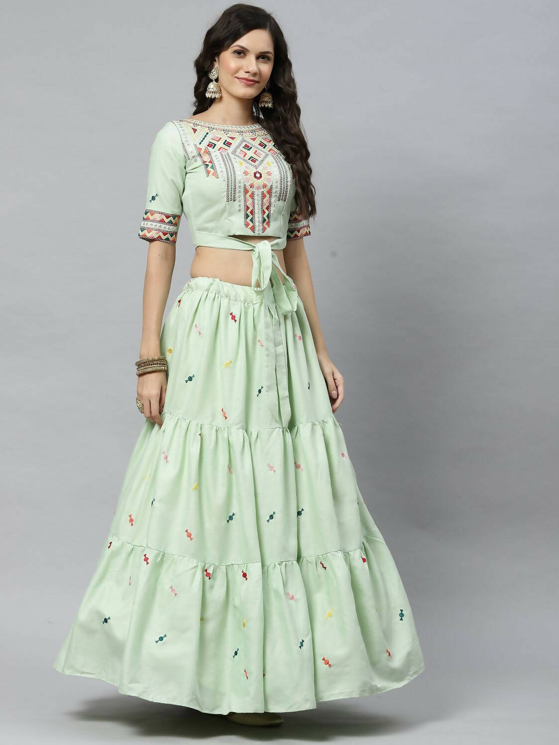 Pista Cotton Embroidered Work Lehenga Choli with Dupatta - Jivika