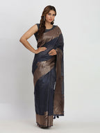 Shree Shyam Fashion Linen Cotton Navy Blue Saree - Distacart