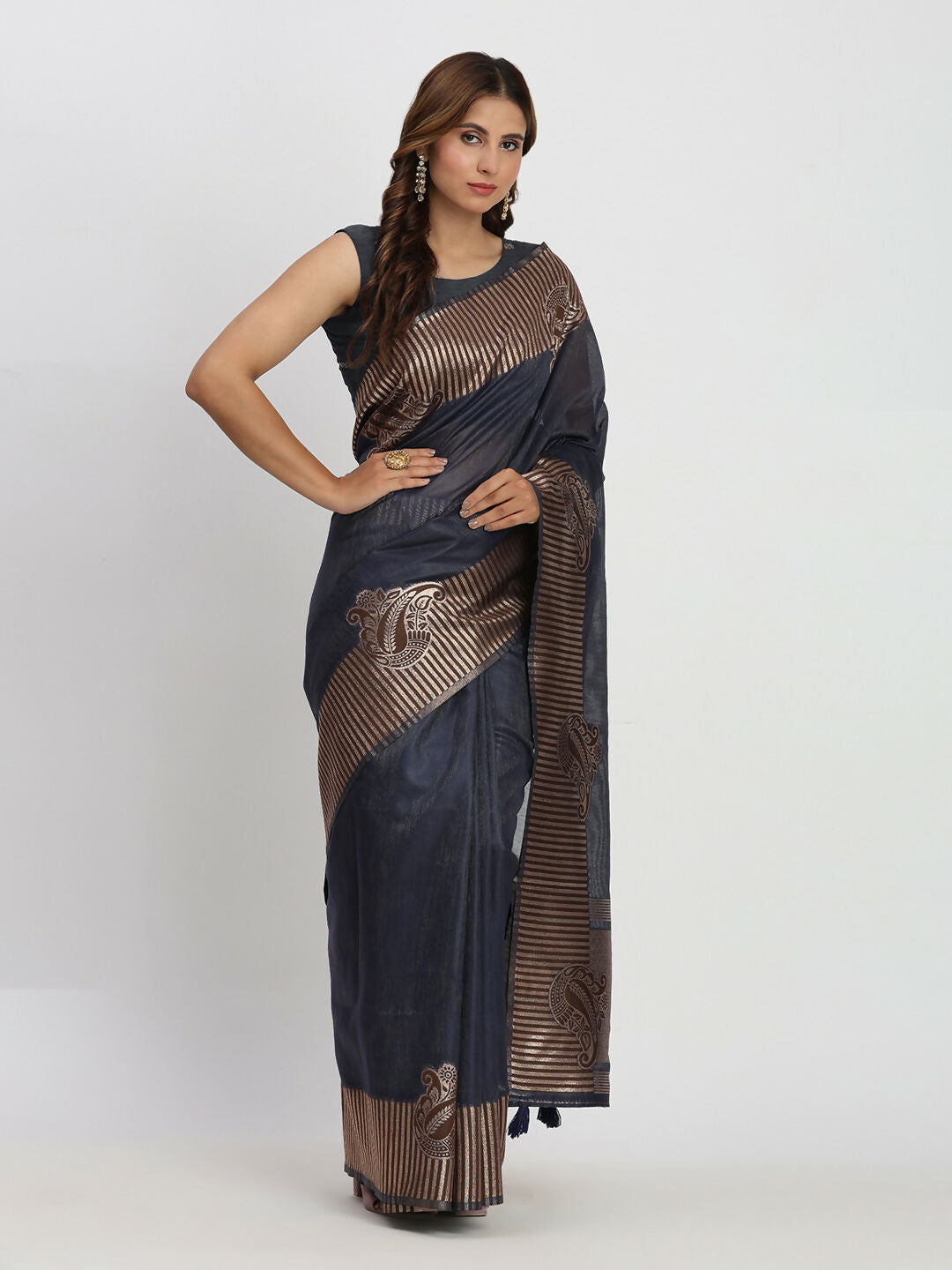 Shree Shyam Fashion Linen Cotton Navy Blue Saree - Distacart
