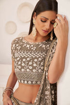 Aastha Fashion Chocolate Brown Butterfly Net White Cotton Thread Work, Zari Work And Sandwich Sequence Work Embroidery Wedding Wear Lehenga Choli