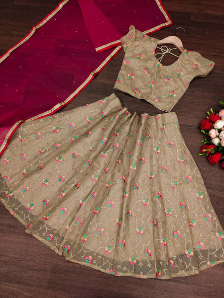 Jyoti Fashion Beautiful Beige Organza Silk Embroidered Kids Lehenga Choli Set