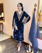 Joban Fashion deep navy blue Velvet Embroidery Kurta Set - Distacart