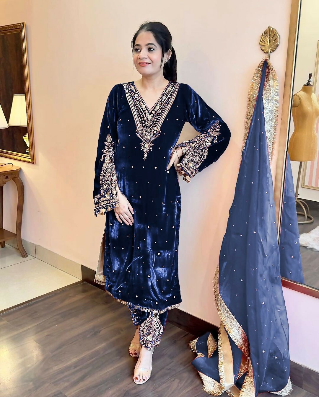 Joban Fashion deep navy blue Velvet Embroidery Kurta Set - Distacart