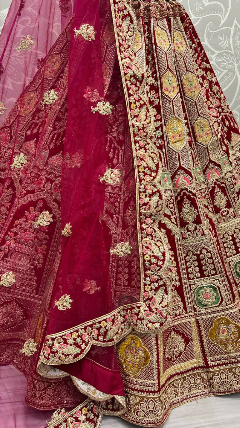 Jyoti Fashion Women's Rani Pink Velvet Dori, Multi Thread Embroidered with Diamond Work Wedding Lehenga Choli