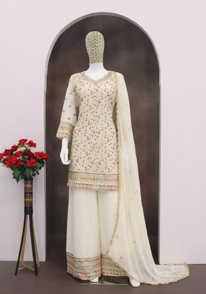 Anaita Off-white Embroderied Faux Georgette Stitched Plazzo Suit - Distacart