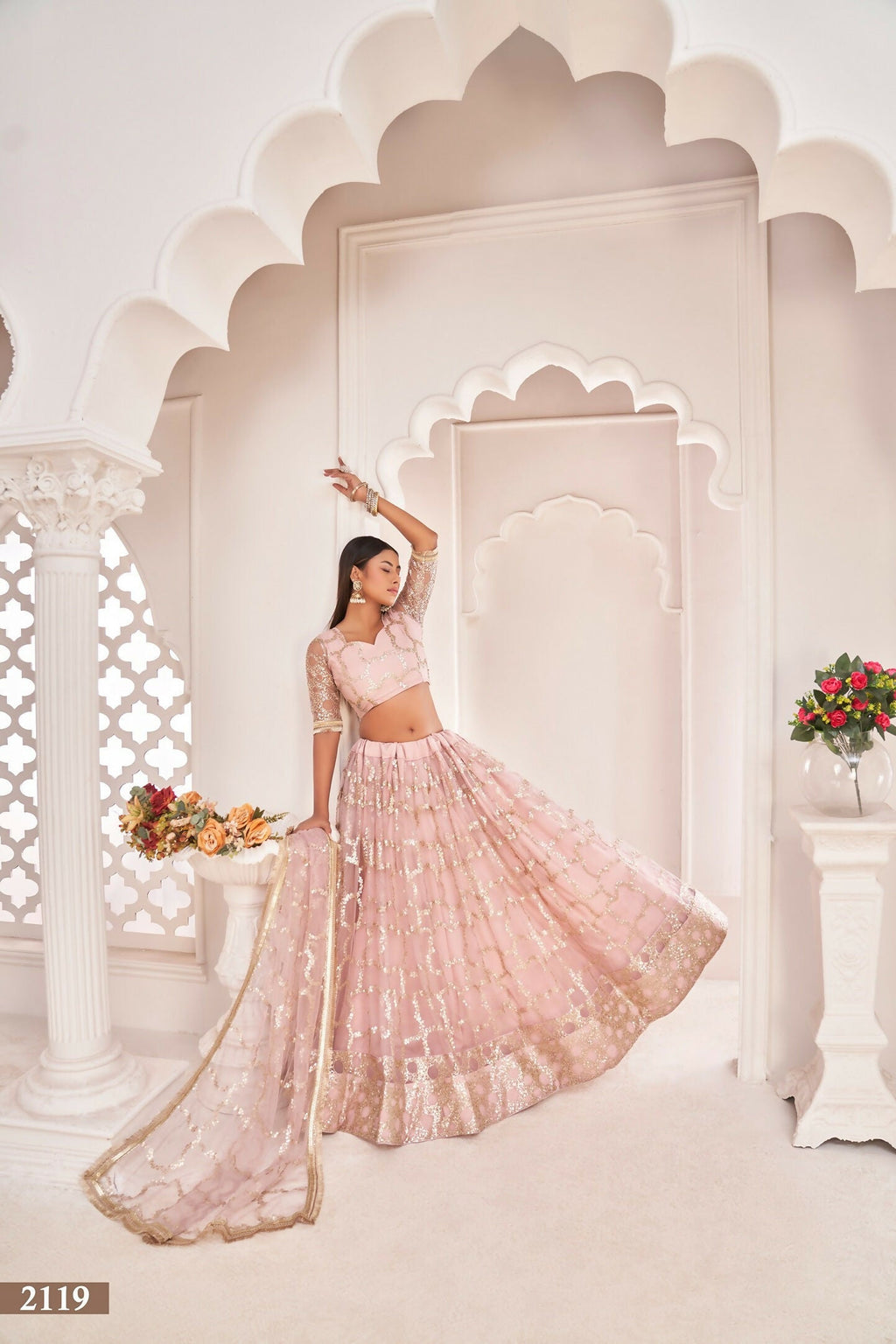 Eilara Women'S Baby Pink Butterfly Net Embroidered Thread Work Party Wear Lehenga Choli