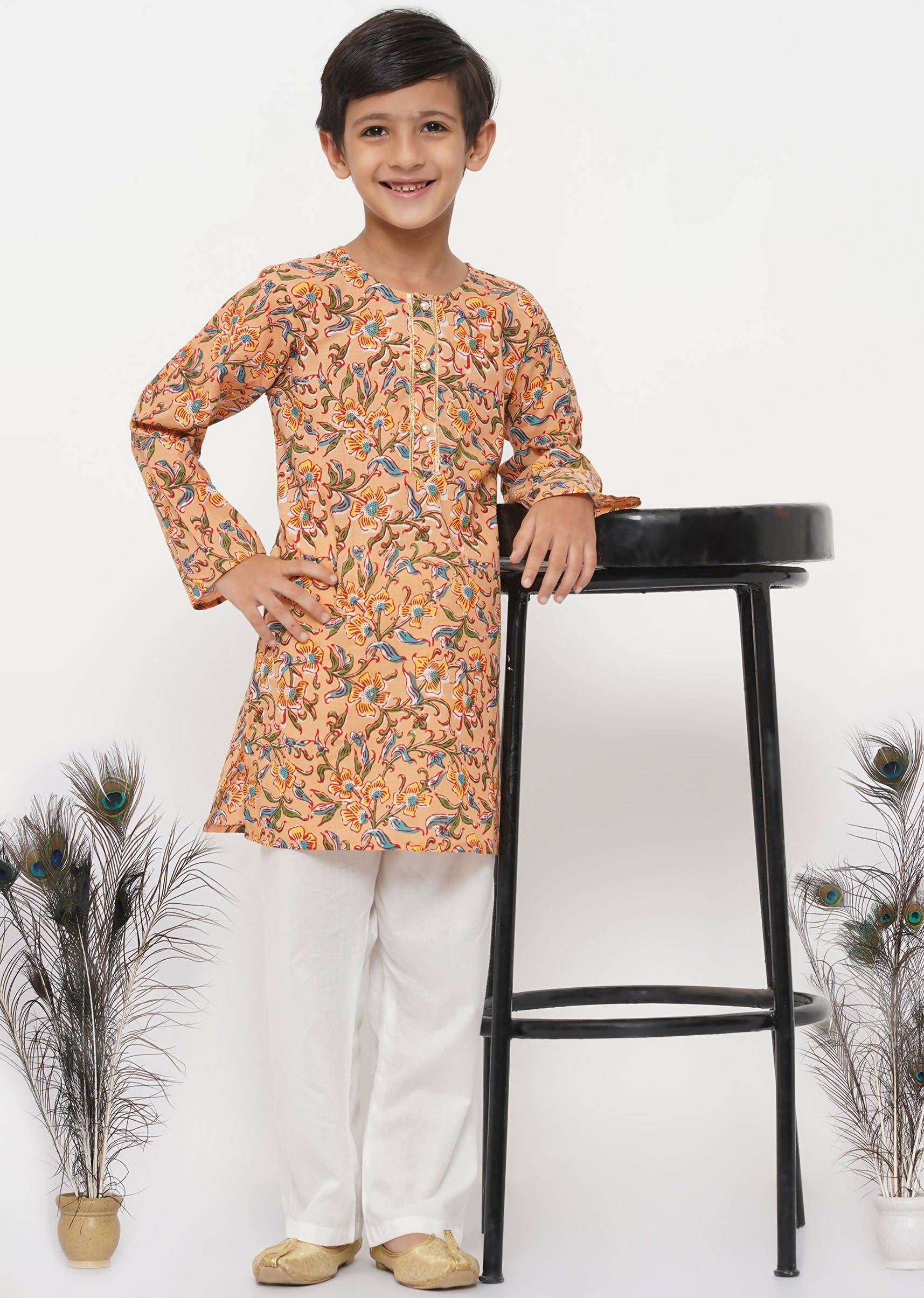 Little Bansi Boys Cotton Block Floral Kurta with Pearl Buttons & Pyjama in Orange & Cream